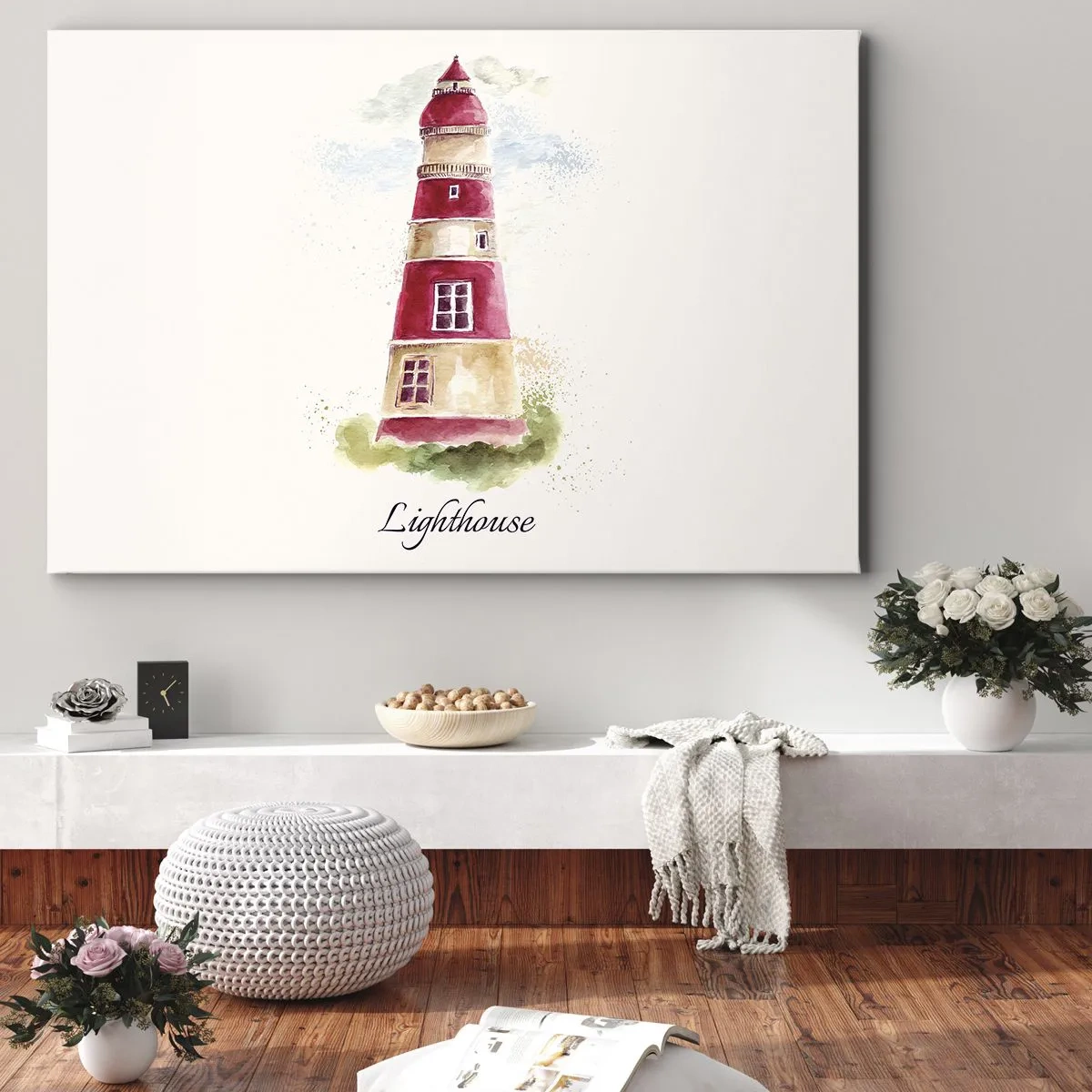 Cuadro sobre lienzo - Impresión de Imagen - Una pintura de acuarela de un faro sobre un fondo claro con una inscripción. - 70x50cm - Siempre observando - Decoración de pared moderna para salón y dormitorio ARTTOR