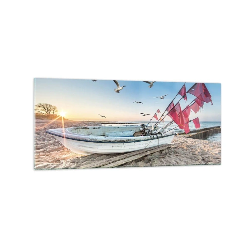 Cuadro sobre vidrio - Impresiones sobre Vidrio - Un barco en la playa al amanecer con gaviotas y banderas rojas. - 120x50cm - Un merecido descanso - Decoración de pared moderna para salón y dormitorio ARTTOR