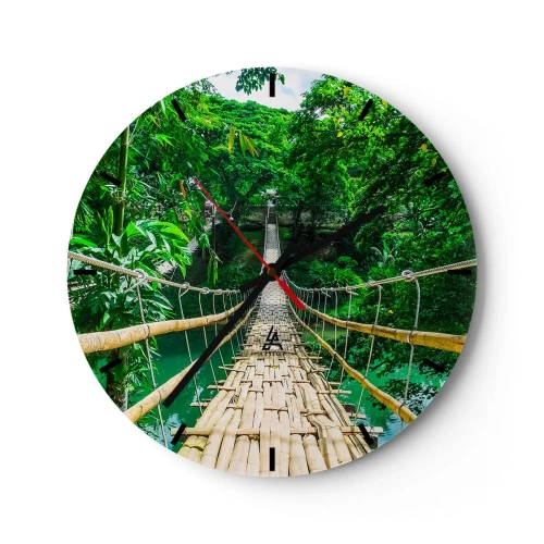 Reloj de pared - Reloj de vidrio - Un puente de cuerda de bambú en un entorno tropical sobre un río. - 30x30cm - Puente colgante sobre la vegetación - Decoración de pared moderna para salón, cocina y dormitorio ARTTOR