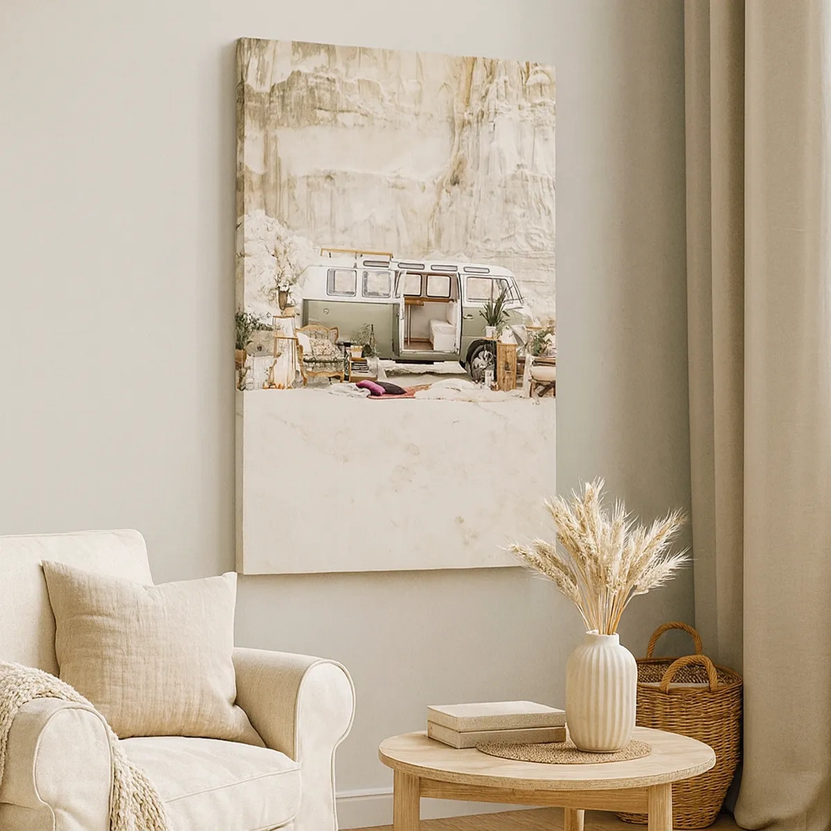 Cuadro sobre lienzo - Impresión de Imagen - Una caravana retro con diseño boho frente a un paisaje rocoso. - 50x70cm - Hora de empezar el viaje - Decoración de pared moderna para salón y dormitorio ARTTOR