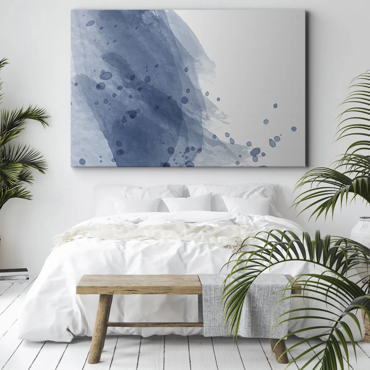 Cuadro sobre lienzo - Impresión de Imagen - Manchas y rayas abstractas en tonos azules - 70x50cm - Tul azul - Decoración de pared moderna para salón y dormitorio ARTTOR