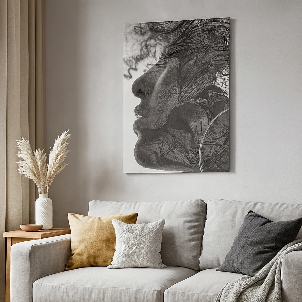 Cuadro sobre lienzo - Impresión de Imagen - Rostro abstracto en blanco y negro con líneas dinámicas. - 50x70cm - Enredada en sueños - Decoración de pared moderna para salón y dormitorio ARTTOR