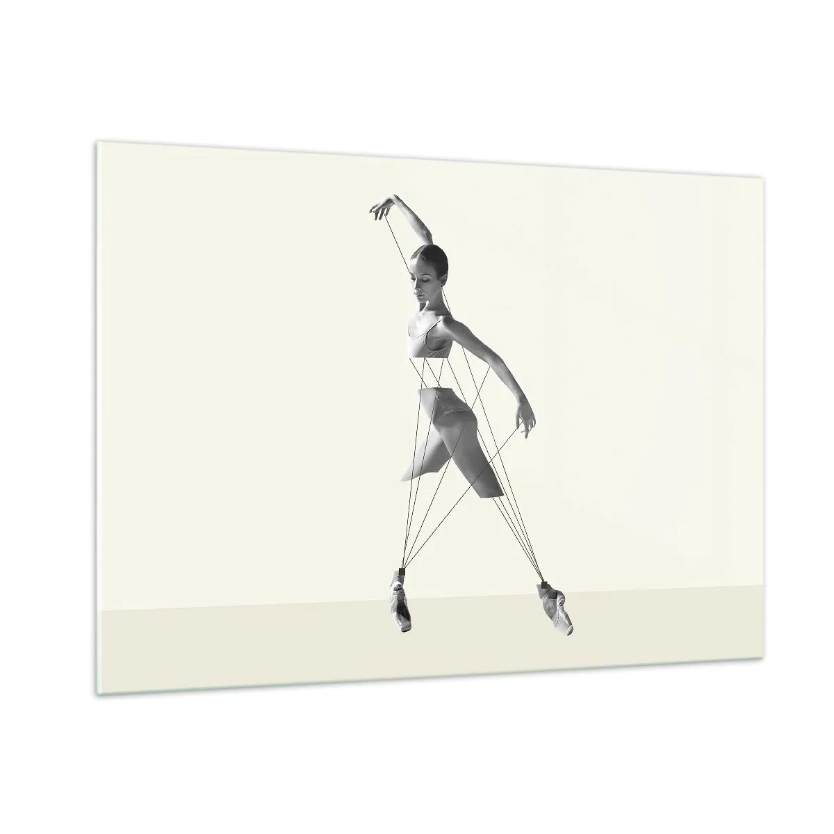 Cuadro sobre vidrio - Impresiones sobre Vidrio - Silueta en blanco y negro de una bailarina con un motivo de línea geométrica. - 100x70cm - Títere de sí misma - Decoración de pared moderna para salón y dormitorio ARTTOR