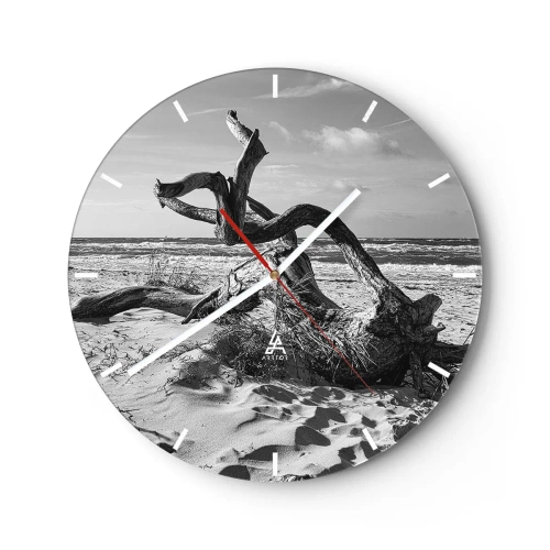 Reloj de pared - Reloj de vidrio - Un paisaje en blanco y negro con una rama caída en una playa de arena. - 30x30cm - Escultura marina - Decoración de pared moderna para salón, cocina y dormitorio ARTTOR