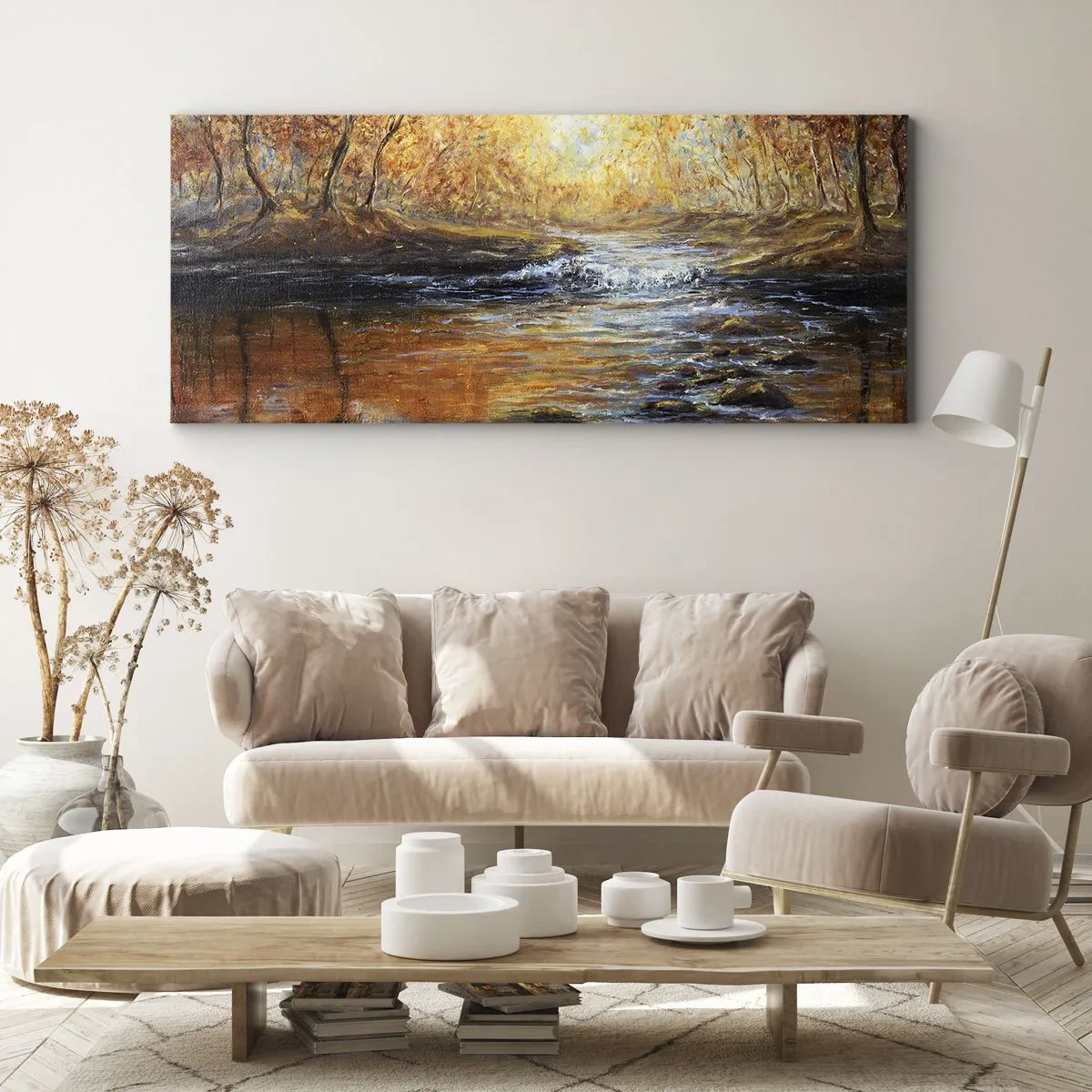 Cuadro sobre lienzo - Impresión de Imagen - Paisaje otoñal con un río entre los árboles. - 140x50cm - Arroyo de oro - Decoración de pared moderna para salón y dormitorio ARTTOR