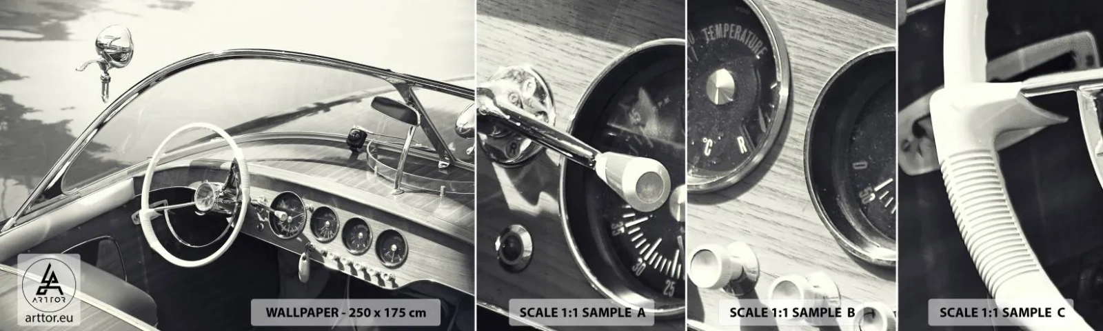 Muestra de fotomural autoadhesivo Deluxe Sticker - Tiempo para los ricos - barco de época, Motora, En blanco y negro - 100x30 cm