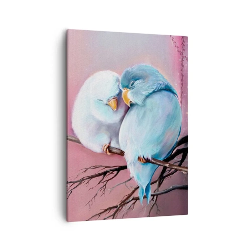 Cuadro sobre lienzo - Impresión de Imagen - Dos pájaros enamorados en una rama sobre un fondo rosa. - 50x70cm - Qué añadir aquí... - Decoración de pared moderna para salón y dormitorio ARTTOR