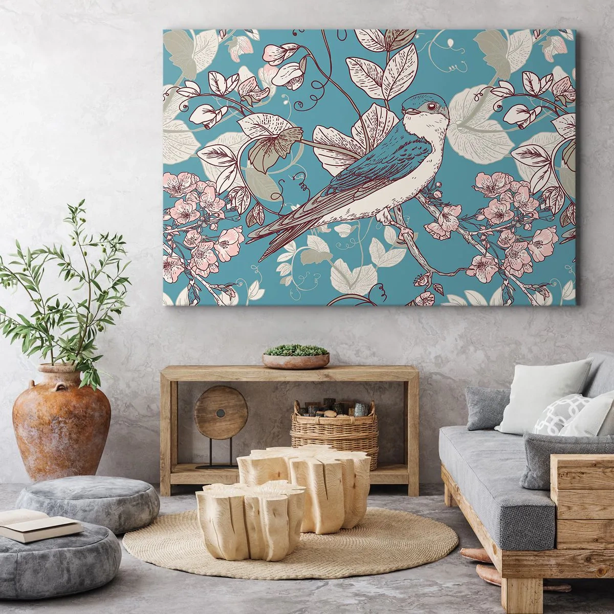 Cuadro sobre lienzo - Impresión de Imagen - Un pájaro en una rama en un delicado estilo floral. - 70x50cm - En el cerezo - Decoración de pared moderna para salón y dormitorio ARTTOR