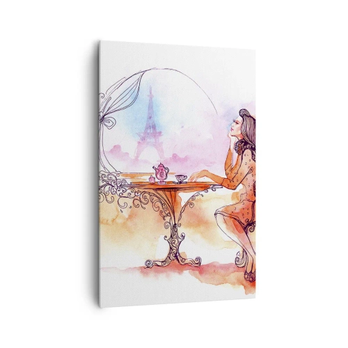 Cuadro sobre lienzo - Impresión de Imagen - Acuarela romántica de una mujer en un café con vistas a una torre. - 80x120cm - Estilo parisino - Decoración de pared moderna para salón y dormitorio ARTTOR