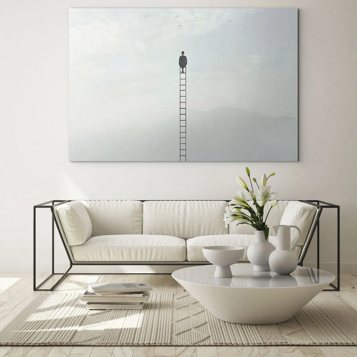 Cuadro sobre vidrio - Impresiones sobre Vidrio - Silueta de un hombre en lo alto de una escalera en las nubes - 120x80cm - Hacia lo más alto - Decoración de pared moderna para salón y dormitorio ARTTOR