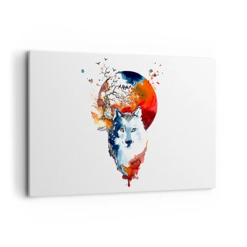 Cuadro sobre lienzo - Impresión de Imagen - Pintura abstracta de acuarela de un lobo contra una luna roja. - 120x80cm - El acecho nocturno - Decoración de pared moderna para salón y dormitorio ARTTOR