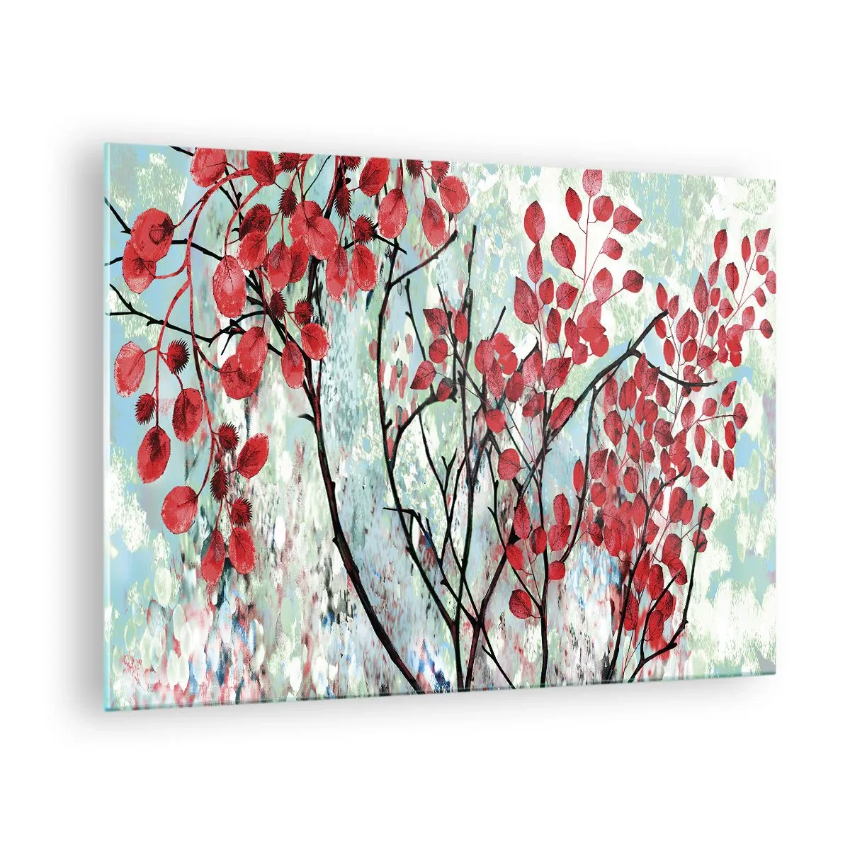Cuadro sobre vidrio - Impresiones sobre Vidrio - Ramas con hojas rojas sobre un fondo pintado. - 70x50cm - Un árbol en escarlata - Decoración de pared moderna para salón y dormitorio ARTTOR