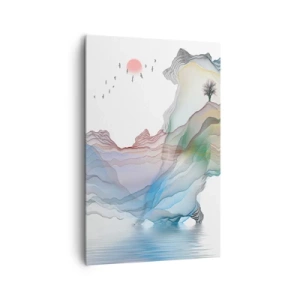 Cuadro sobre lienzo - Impresión de Imagen - Un paisaje sutil con montañas, agua y un barco. - 80x120cm - Hacia las montañas de cristal - Decoración de pared moderna para salón y dormitorio ARTTOR