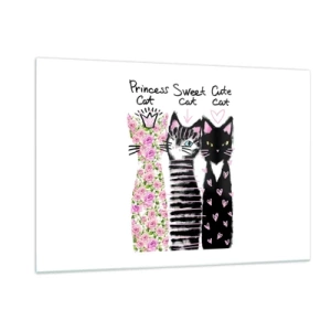 Cuadro sobre vidrio - Impresiones sobre Vidrio - Tres adorables gatos en un estilo artístico con inscripciones sobre un fondo blanco. - 120x80cm - Había tres gatitos - Decoración de pared moderna para salón y dormitorio ARTTOR