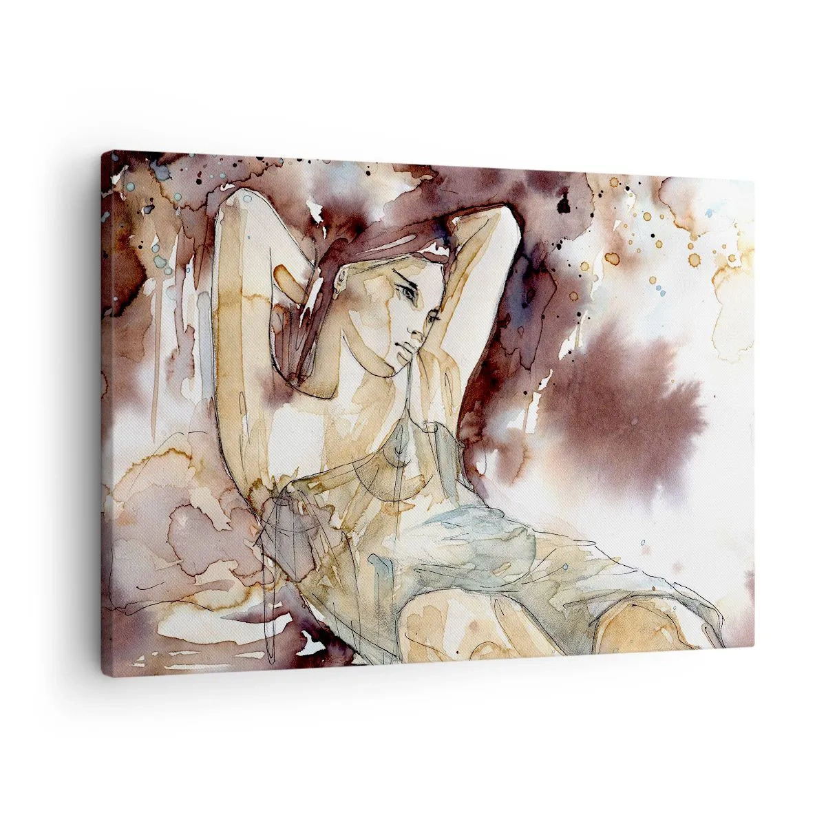 Cuadro sobre lienzo - Impresión de Imagen - Mujer en estilo artístico de acuarela con fondo marrón - 70x50cm - En un estado de ánimo armónico - Decoración de pared moderna para salón y dormitorio ARTTOR