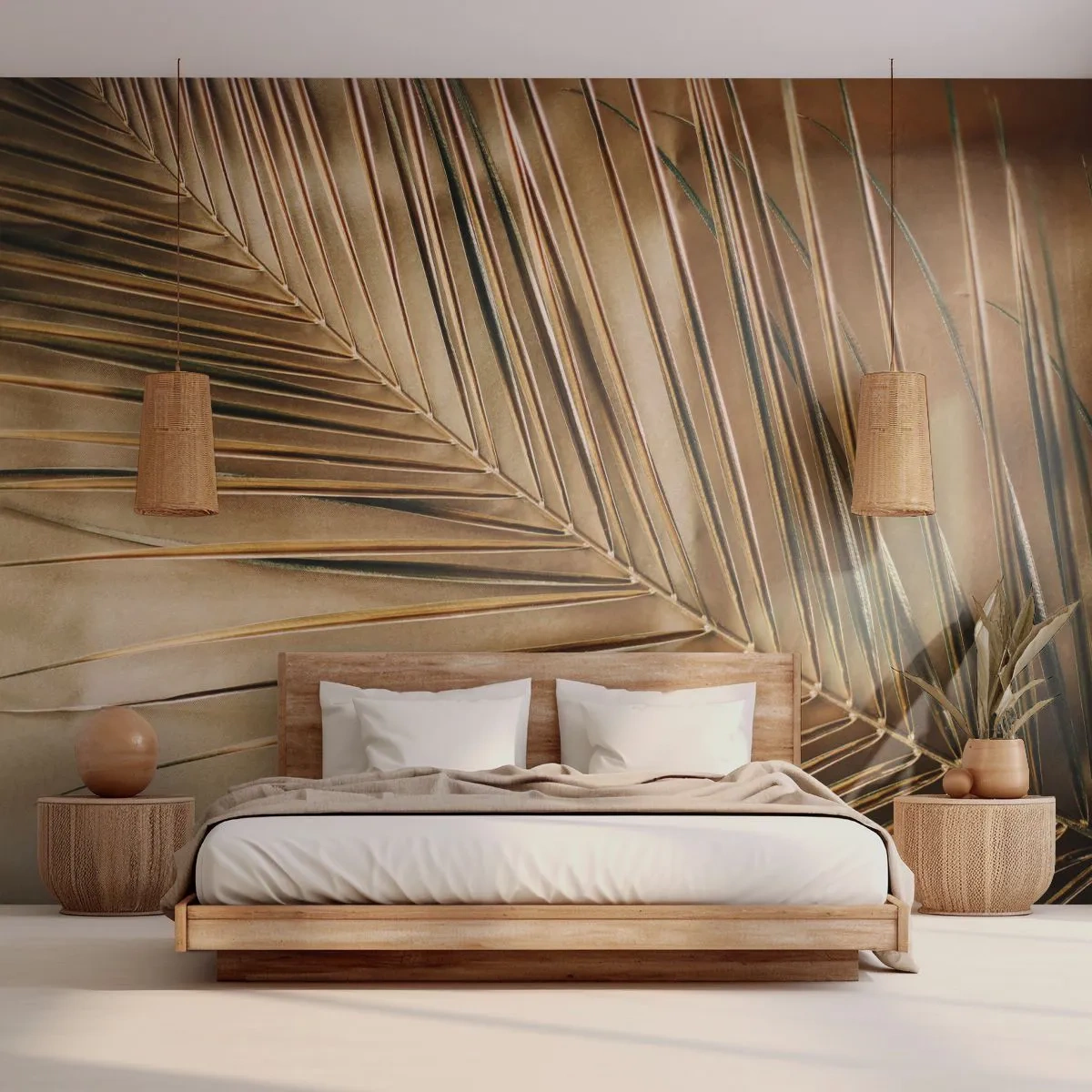 Fotomural Premium Sand - Una columnata natural - Hoja de palma, Gráficos, Zona tropical - 500x350 cm