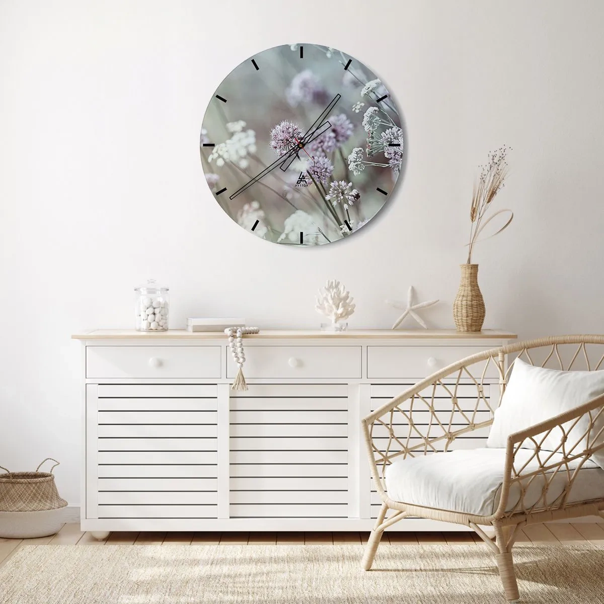 Reloj de pared - Reloj de vidrio - Flores silvestres en tonos pastel - 30x30cm - Dulces filigranas de hierbas - Decoración de pared moderna para salón, cocina y dormitorio ARTTOR