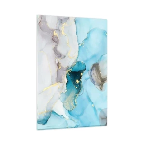 Cuadro sobre vidrio - Impresiones sobre Vidrio - Abstracción en tonos azules y dorados con líneas sutiles. - 80x120cm - Un estudio del encuentro entre el gris y el turquesa - Decoración de pared moderna para salón y dormitorio ARTTOR