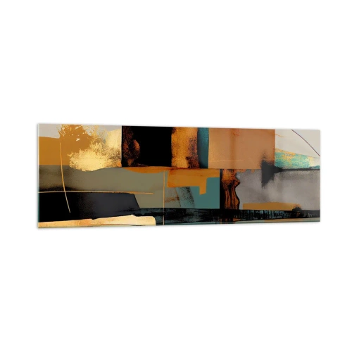 Cuadro sobre vidrio - Impresiones sobre Vidrio - Composición abstracta con elementos dorados y turquesas. - 160x50cm - Abstracción: luces y sombras - Decoración de pared moderna para salón y dormitorio ARTTOR