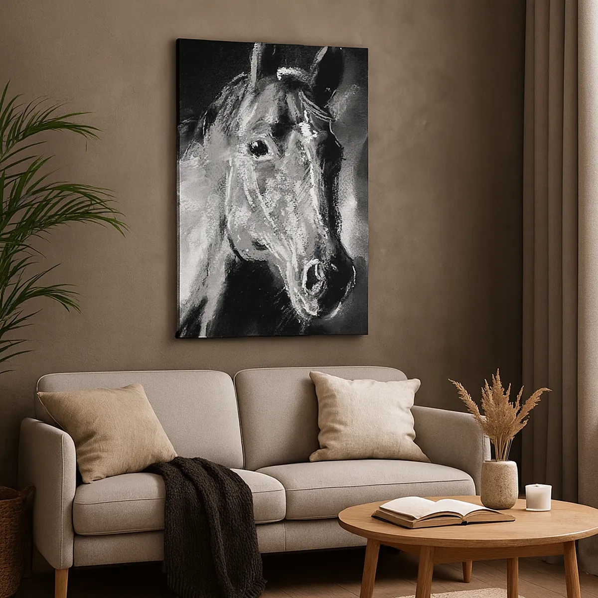 Cuadro sobre lienzo - Impresión de Imagen - Retrato de un caballo en un estilo dinámico en blanco y negro. - 50x70cm - El brillo de un alma noble - Decoración de pared moderna para salón y dormitorio ARTTOR