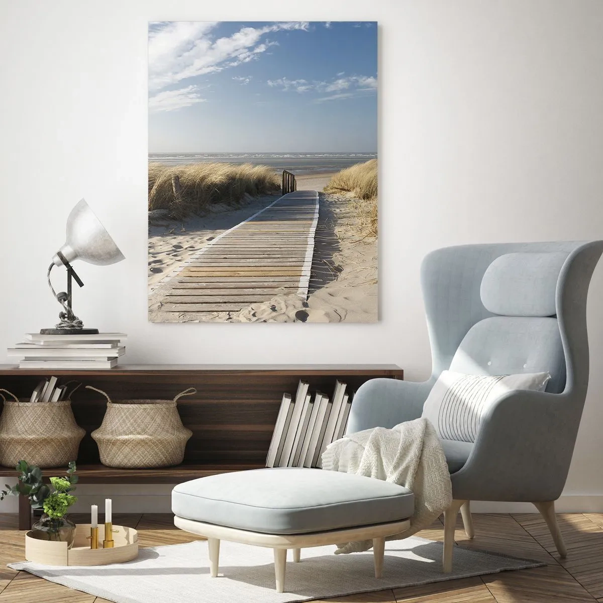 Cuadro sobre vidrio - Impresiones sobre Vidrio - Un camino de madera conduce a través de las dunas hasta el mar en calma. - 70x100cm - Más allá de la duna, en el susurro de la naturaleza - Decoración de pared moderna para salón y dormitorio ARTTOR