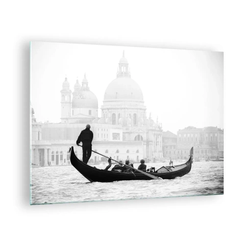 Cuadro sobre vidrio - Impresiones sobre Vidrio - Una góndola en blanco y negro con el paisaje de Venecia como telón de fondo. - 70x50cm - Un viaje a la fuente de la belleza - Decoración de pared moderna para salón y dormitorio ARTTOR