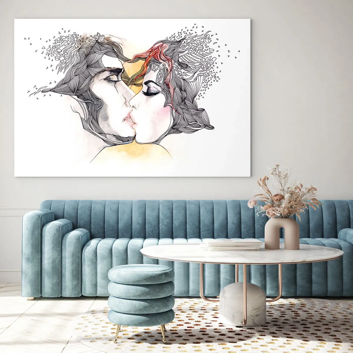 Cuadro sobre vidrio - Impresiones sobre Vidrio - Pareja abstracta besándose con patrones artísticos - 70x50cm - El mundo no importa - Decoración de pared moderna para salón y dormitorio ARTTOR