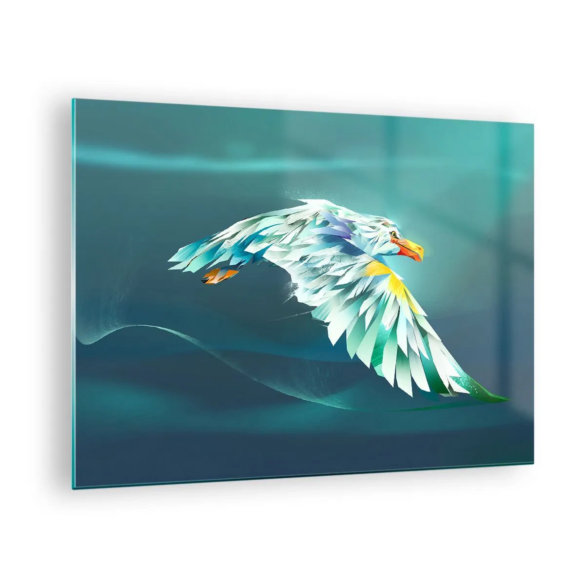 Cuadro sobre vidrio - Impresiones sobre Vidrio - Una imagen abstracta de un águila en tonos azules y blancos sobre un fondo de olas. - 70x50cm - El poder del vuelo del águila - Decoración de pared moderna para salón y dormitorio ARTTOR