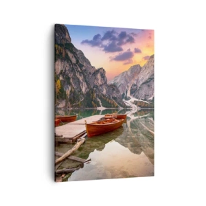 Cuadro sobre lienzo - Impresión de Imagen - Lago de montaña con barcos al atardecer - 50x70cm - Espejo entre montañas - Decoración de pared moderna para salón y dormitorio ARTTOR