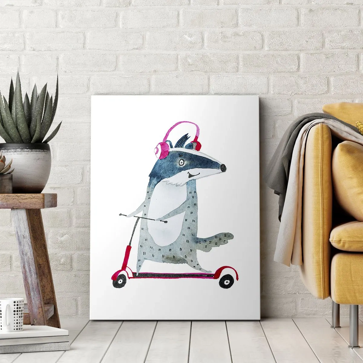 Cuadro sobre lienzo - Impresión de Imagen - Tejón en un scooter con auriculares rosas - 50x70cm - Alegrías de tejón - Decoración de pared moderna para salón y dormitorio ARTTOR