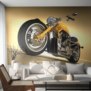 Fotomural Premium Sand - Chopper amarillo sobre un fondo dorado degradado - 100x70cm - Un sueño de fuerza y velocidad - Decoración de pared moderna para salón y dormitorio ARTTOR