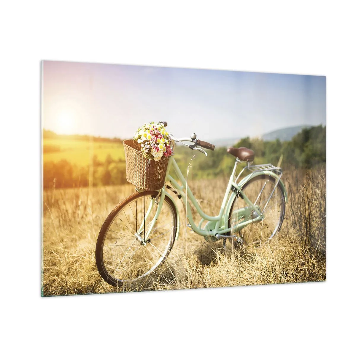 Cuadro sobre vidrio - Impresiones sobre Vidrio - Bicicleta retro con flores sobre un fondo natural. - 100x70cm - Me quedaré aquí un tiempo - Decoración de pared moderna para salón y dormitorio ARTTOR