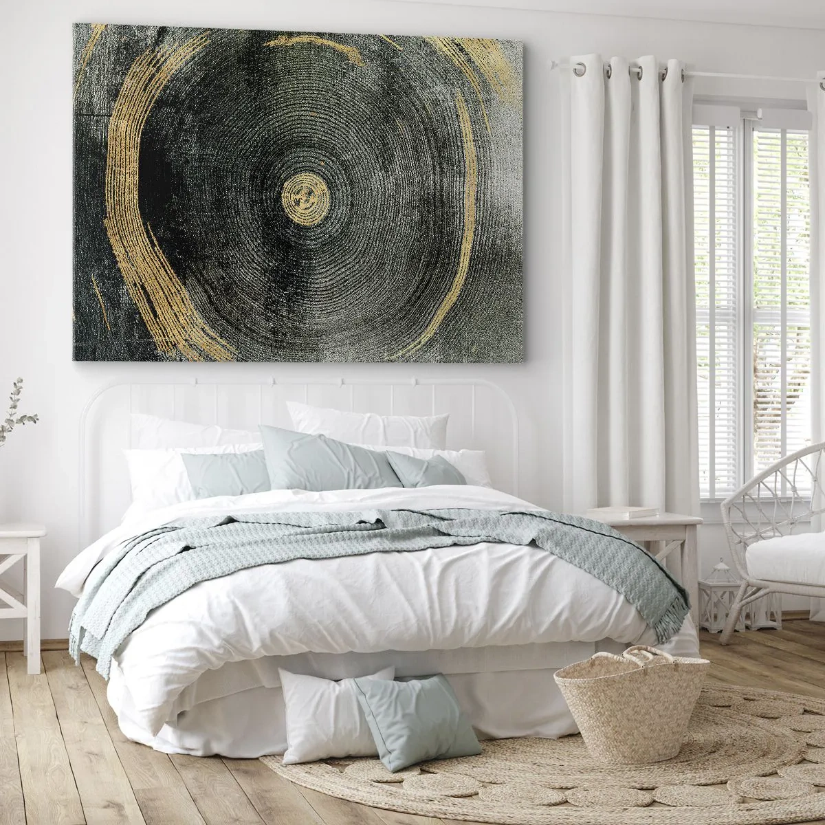 Cuadro sobre lienzo - Impresión de Imagen - Círculos concéntricos con acentos dorados. - 70x50cm - Cambio y perpetuidad - Decoración de pared moderna para salón y dormitorio ARTTOR