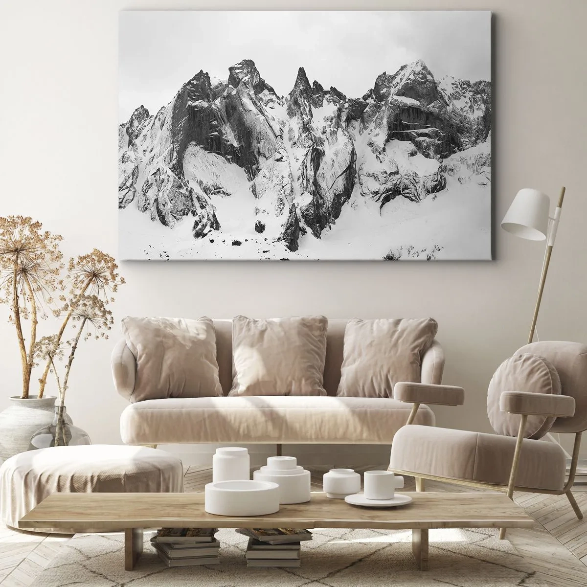 Cuadro sobre lienzo - Impresión de Imagen - Picos de montañas nevados en blanco y negro - 120x80cm - Cresta amenazante - Decoración de pared moderna para salón y dormitorio ARTTOR