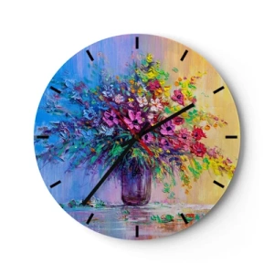 Reloj de pared - Reloj de vidrio - Un ramo de flores de colores en un jarrón de cristal sobre un fondo pastel. - 30x30cm - El regalo de un prado de verano - Decoración de pared moderna para salón, cocina y dormitorio ARTTOR