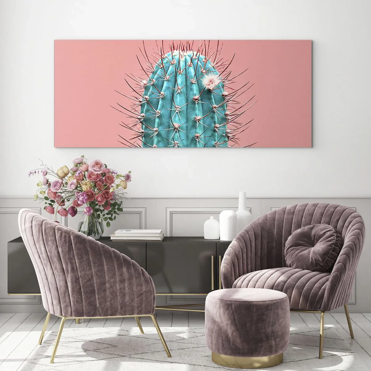Cuadro sobre vidrio - Impresiones sobre Vidrio - Una versión artística de un cactus sobre un fondo rosa. - 140x50cm - Se mira, pero no se toca - Decoración de pared moderna para salón y dormitorio ARTTOR
