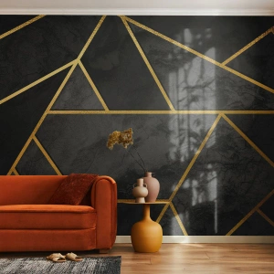 Fotomural Premium Sand - Patrón geométrico dorado sobre fondo negro - 100x70cm - Oscuridad y brillo - Decoración de pared moderna para salón y dormitorio ARTTOR
