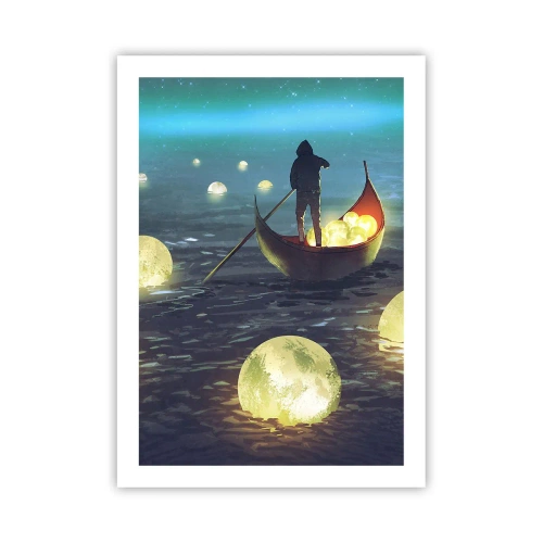 Póster - Una figura en un barco rodeada de bolas luminosas en el agua. - 50x70cm - Cosas que los filósofos nunca soñaron - Decoración de pared moderna para salón y dormitorio ARTTOR
