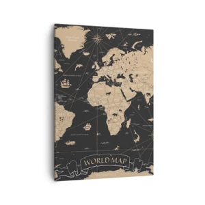 Cuadro sobre lienzo - Impresión de Imagen - Un mapa del mundo estilizado sobre un fondo negro con acentos beige. - 50x70cm - Las fronteras de mi mundo - Decoración de pared moderna para salón y dormitorio ARTTOR