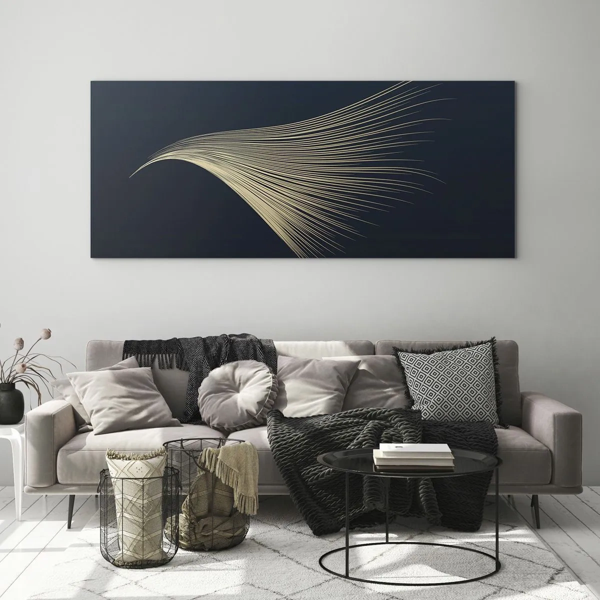 Cuadro sobre vidrio - Impresiones sobre Vidrio - Una delicada línea similar a una pluma sobre un fondo azul marino. - 160x50cm - Como el cabello de un ángel - Decoración de pared moderna para salón y dormitorio ARTTOR