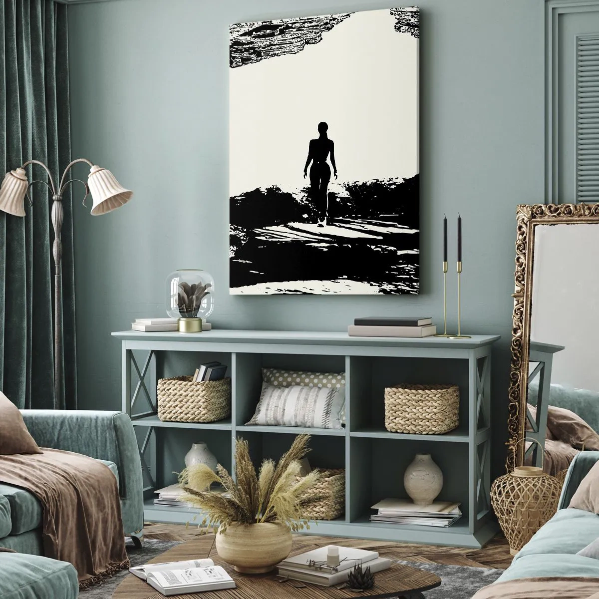 Cuadro sobre lienzo - Impresión de Imagen - Silueta en blanco y negro de una mujer en una cueva contra el cielo - 50x70cm - Una nueva mirada - Decoración de pared moderna para salón y dormitorio ARTTOR