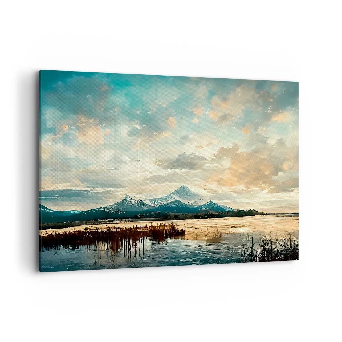 Cuadro sobre lienzo - Impresión de Imagen - Un paisaje pintoresco con una montaña y un lago tranquilo. - 100x70cm - Bajo la protección del cielo - Decoración de pared moderna para salón y dormitorio ARTTOR