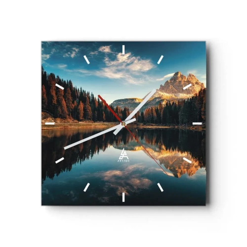 Reloj de pared - Reloj de vidrio - Paisaje de montaña con lago y bosque. - 30x30cm - Paisaje duplicado - Decoración de pared moderna para salón y dormitorio ARTTOR