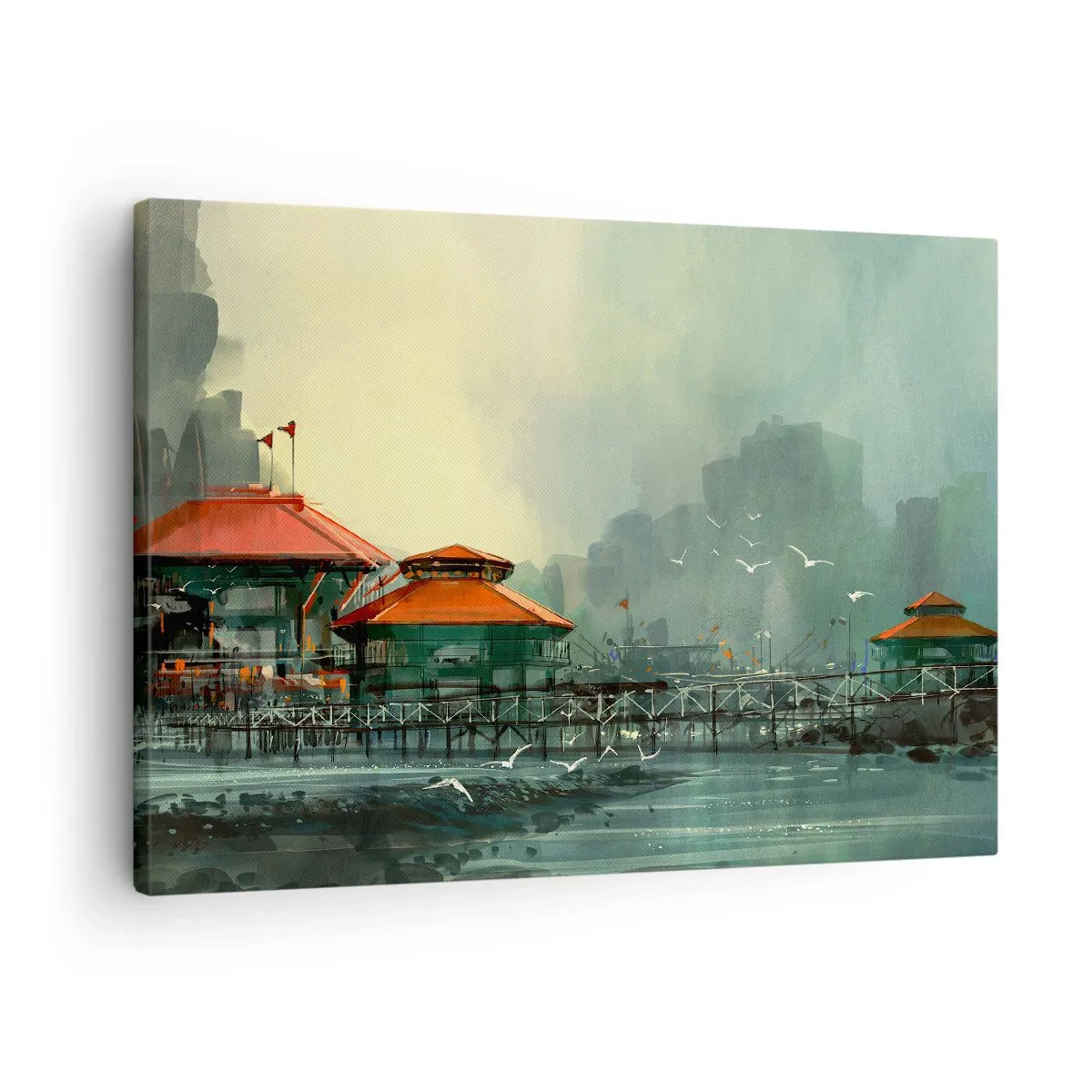 Cuadro sobre lienzo - Impresión de Imagen - Edificios portuarios en un paisaje lluvioso con gaviotas - 70x50cm - Un día soleado en el puerto - Decoración de pared moderna para salón y dormitorio ARTTOR