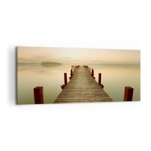 Cuadro sobre lienzo - Impresión de Imagen - Un embarcadero de madera en un lago tranquilo por la mañana. - 120x50cm - Antes del amanecer, al amanecer, la luz - Decoración de pared moderna para salón y dormitorio ARTTOR