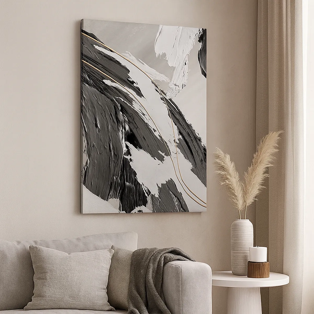 Cuadro sobre lienzo - Impresión de Imagen - Trazos de pintura en blanco y negro con un sutil acento dorado. - 50x70cm - Abstracción con estilo - Decoración de pared moderna para salón y dormitorio ARTTOR