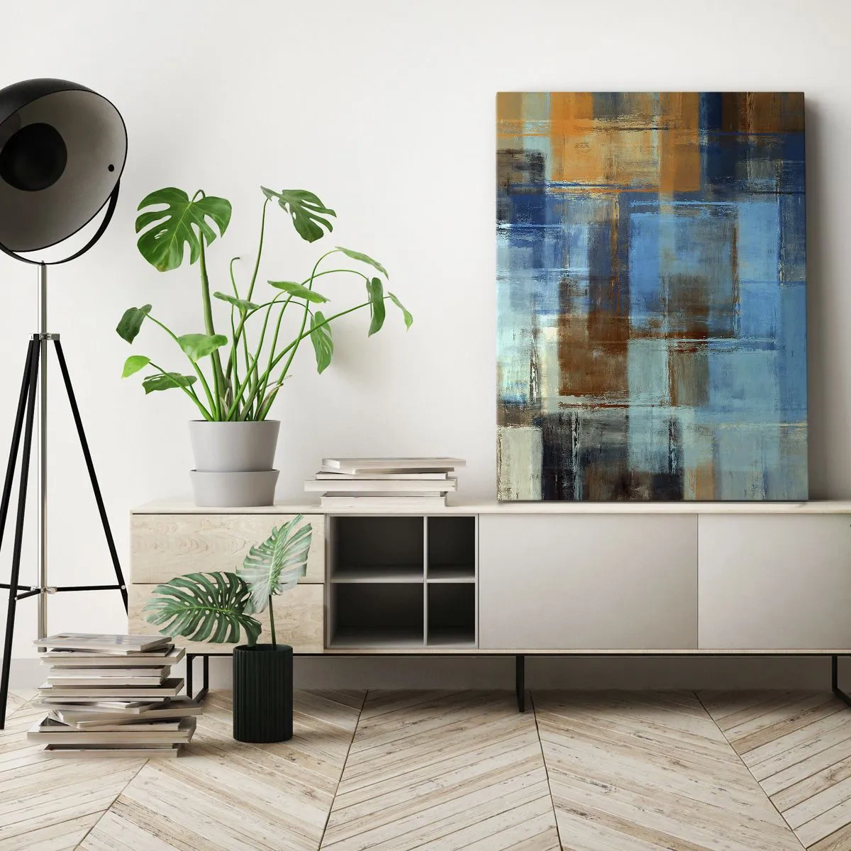 Cuadro sobre lienzo - Impresión de Imagen - Composición geométrica abstracta en tonos azules y marrones. - 80x120cm - A través del velo azul - Decoración de pared moderna para salón y dormitorio ARTTOR