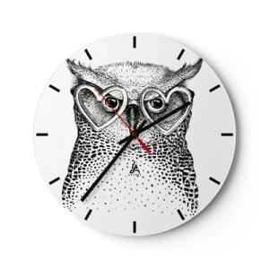 Reloj de pared - Reloj de vidrio - Búho con gafas en forma de corazón sobre un fondo blanco. - 30x30cm - Con sabiduría y amor - Decoración de pared moderna para salón, cocina y dormitorio ARTTOR