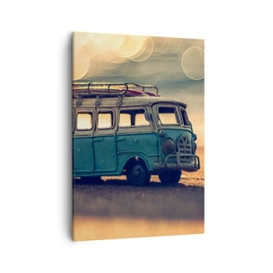Cuadro sobre lienzo - Impresión de Imagen - Autobús retro contra una luz borrosa - 50x70cm - El fin de los ídolos del dinero y del trabajo - Decoración de pared moderna para salón y dormitorio ARTTOR