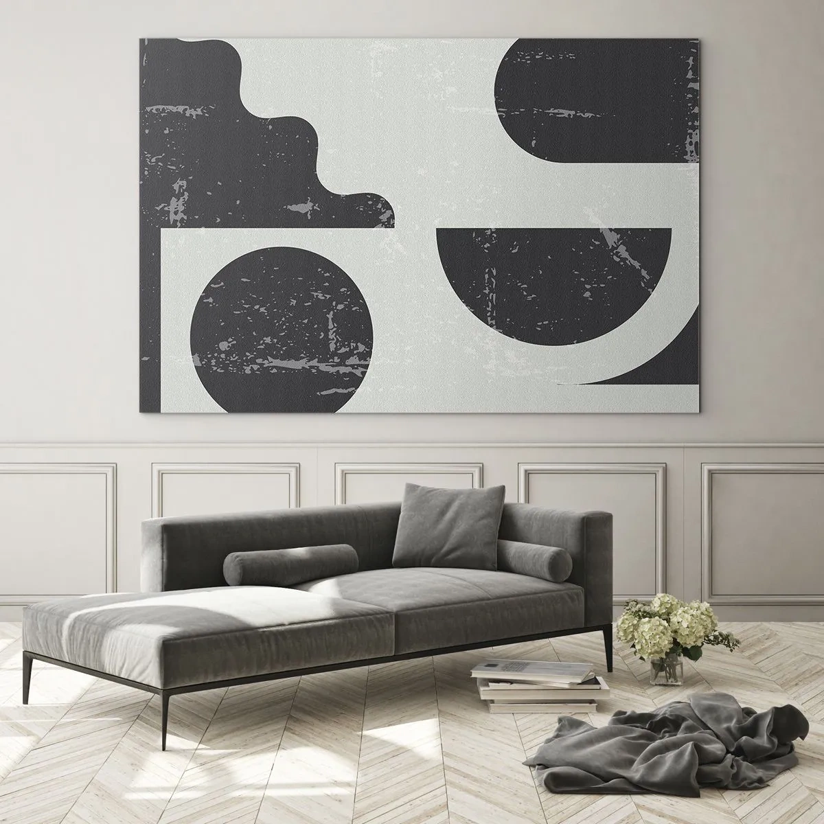 Cuadro sobre vidrio - Impresiones sobre Vidrio - Gráficos geométricos abstractos con abrasiones - 70x50cm - Composición arriba y abajo - Decoración de pared moderna para salón y dormitorio ARTTOR